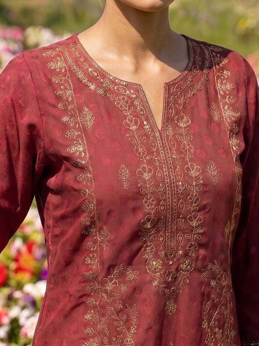 Marina Jacquard Stitched 3Pc Suit – Maroon