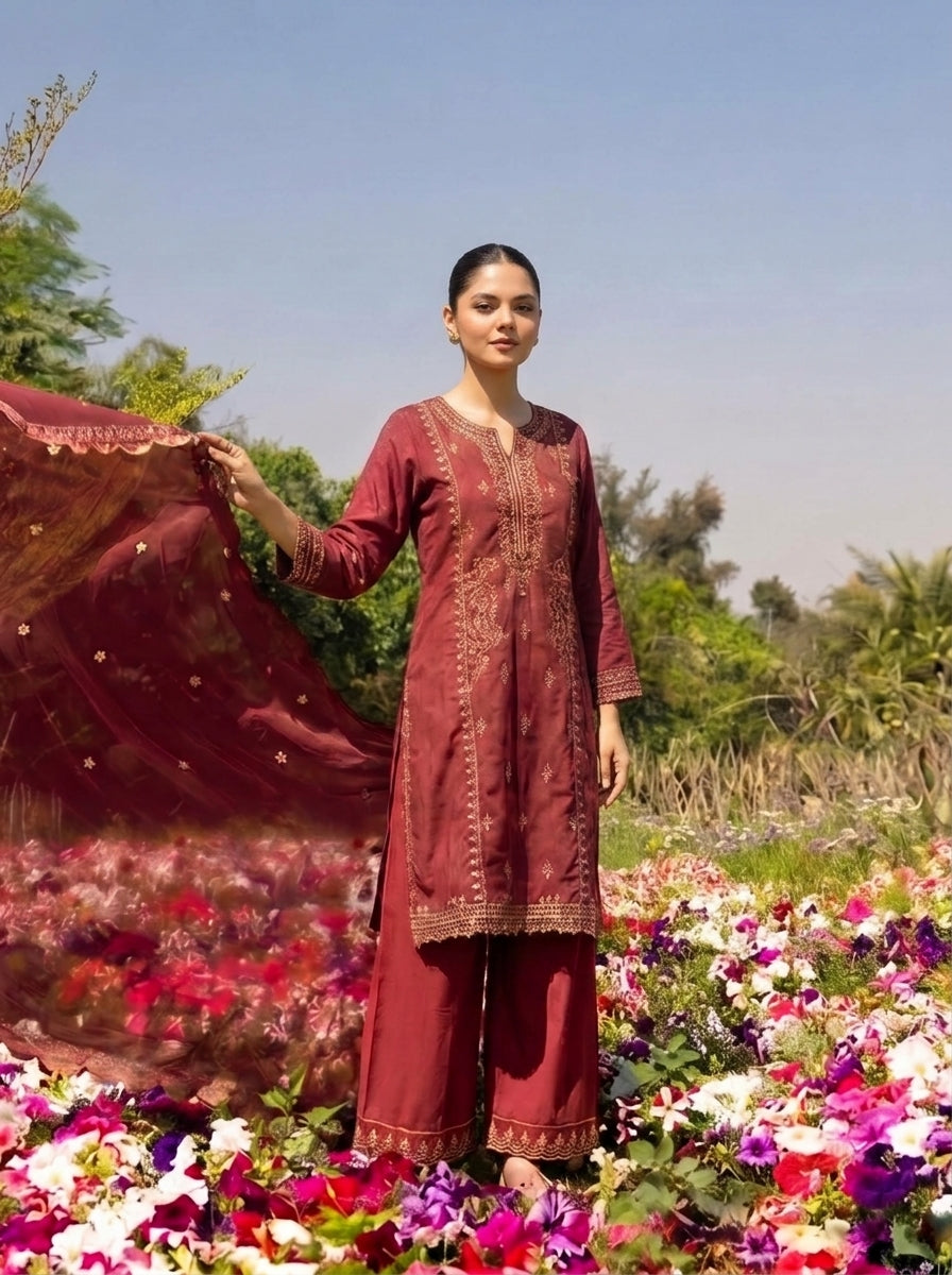 Marina Jacquard Stitched 3Pc Suit – Maroon
