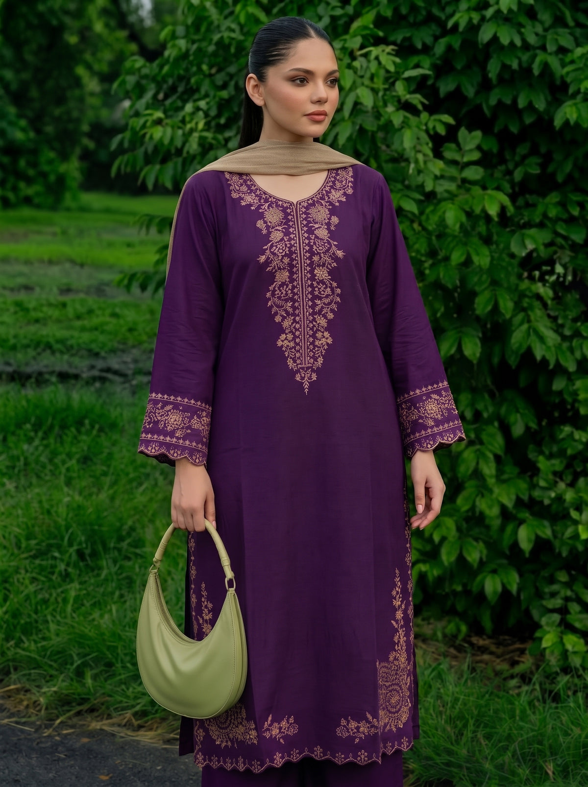 Marina Jacquard Stitched 3Pc Suit – Purple