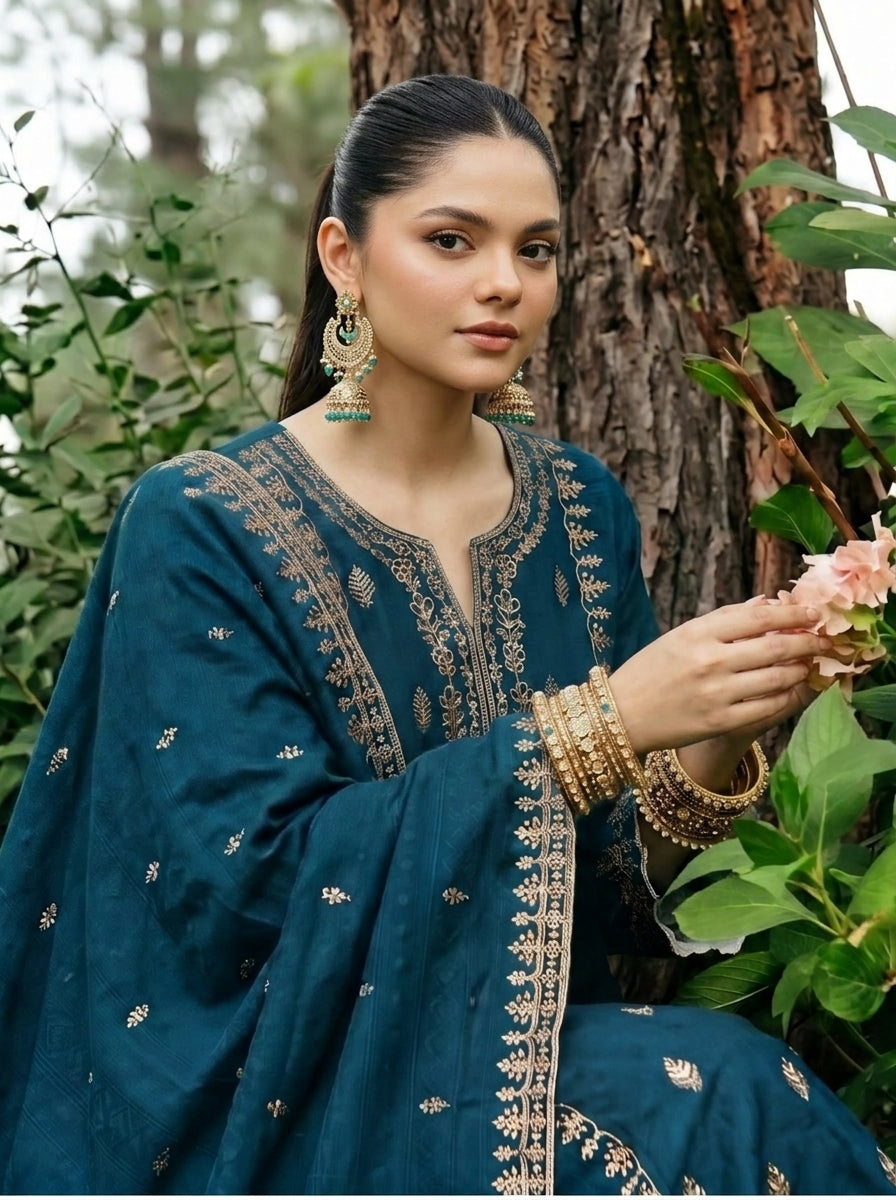 Marina Jacquard Stitched 3Pc Suit – Teal (Threads of Elegance)