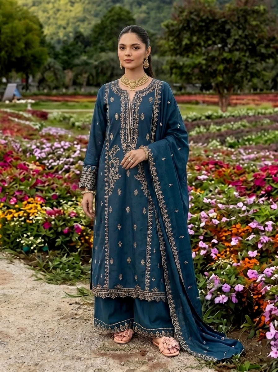 Marina Jacquard Stitched 3Pc Suit – Teal (Threads of Elegance)