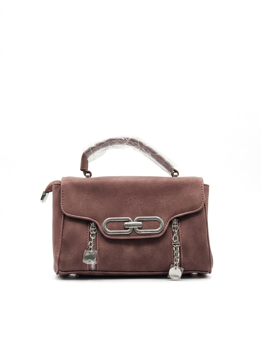 Mauve Suede-Effect Flap Satchel