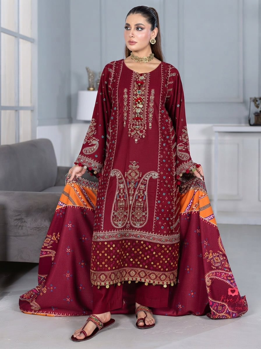 Dhanak Embroidered 3 Piece Stitched Suit - Maroon