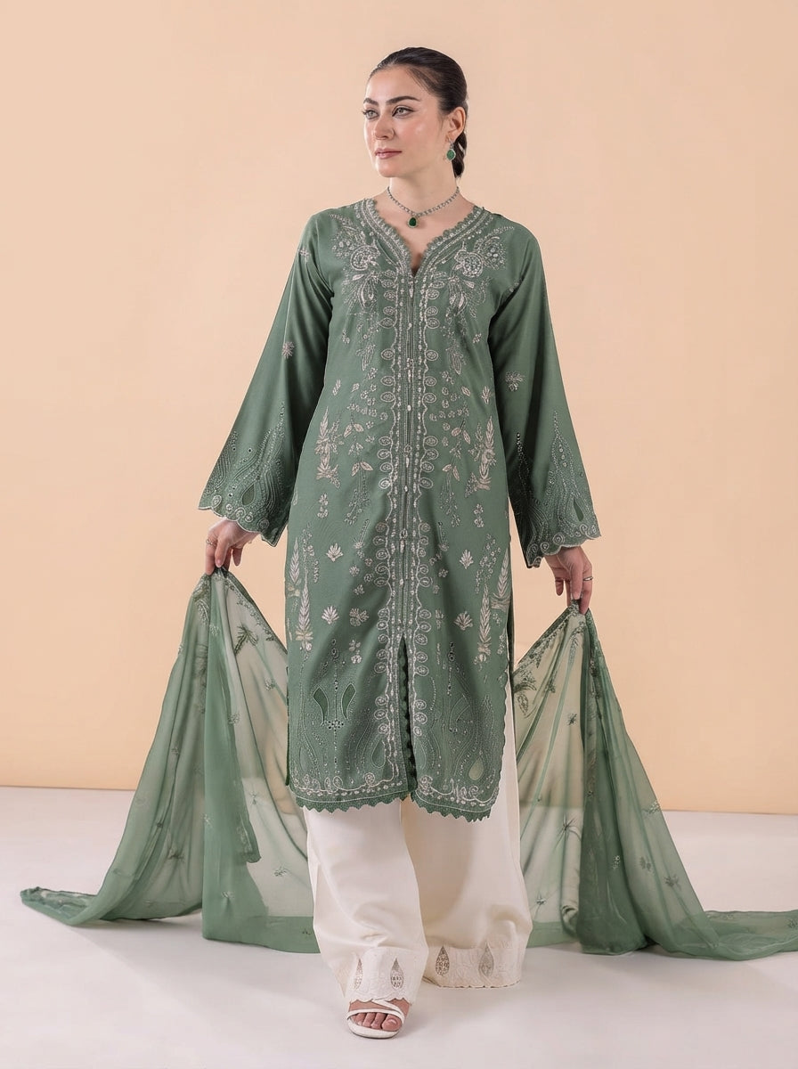 Dhanak Embroidered 3 Piece Stitched Suit - Sage Green