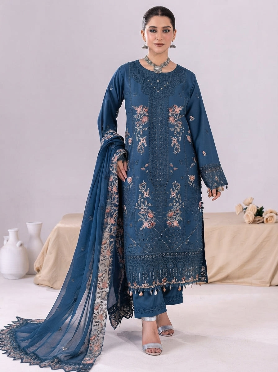 Dhanak Embroidered 3 Piece Stitched Suit - Navy Blue