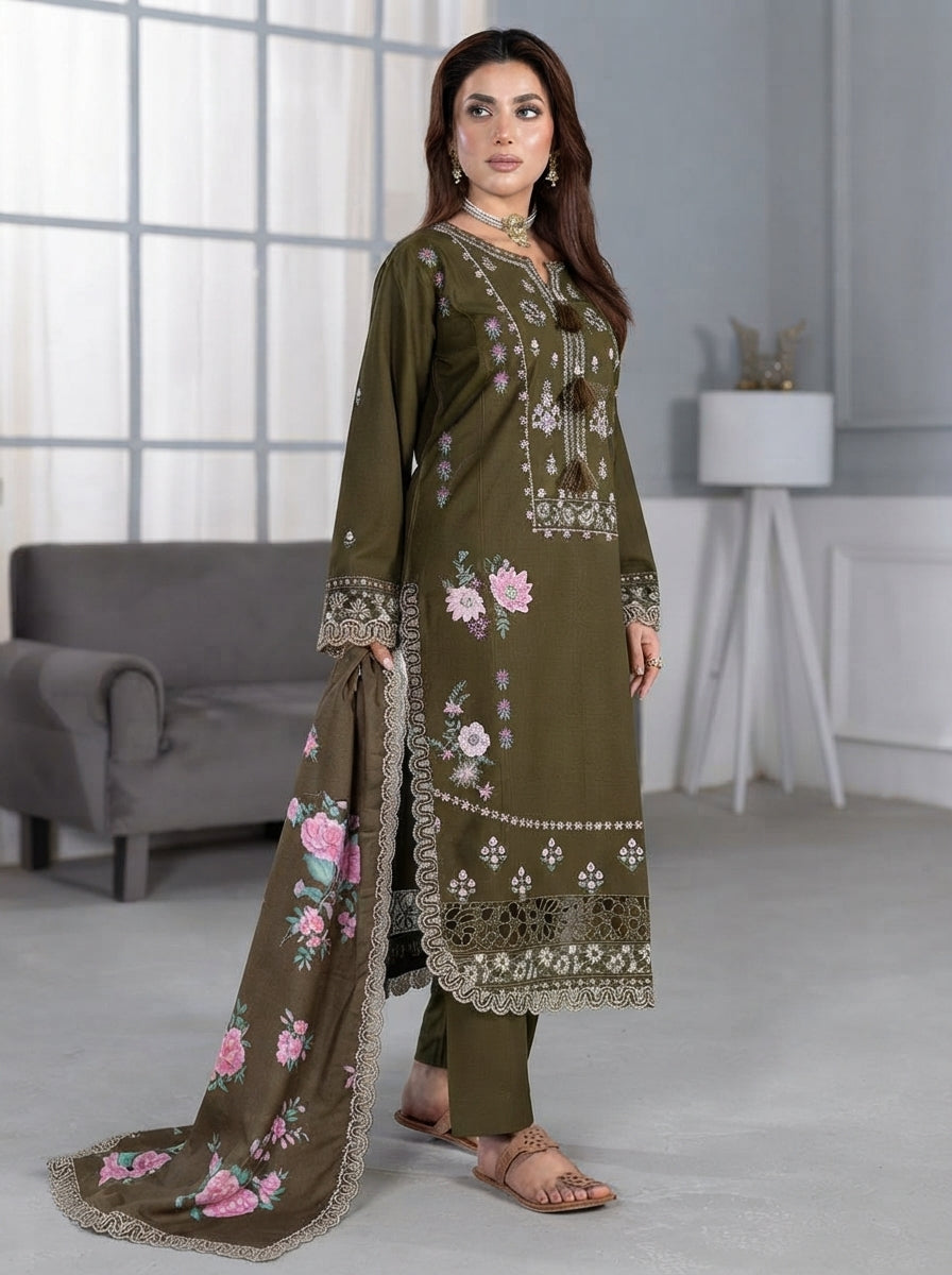 Dhanak Embroidered 3 Piece Stitched Suit - Olive Green