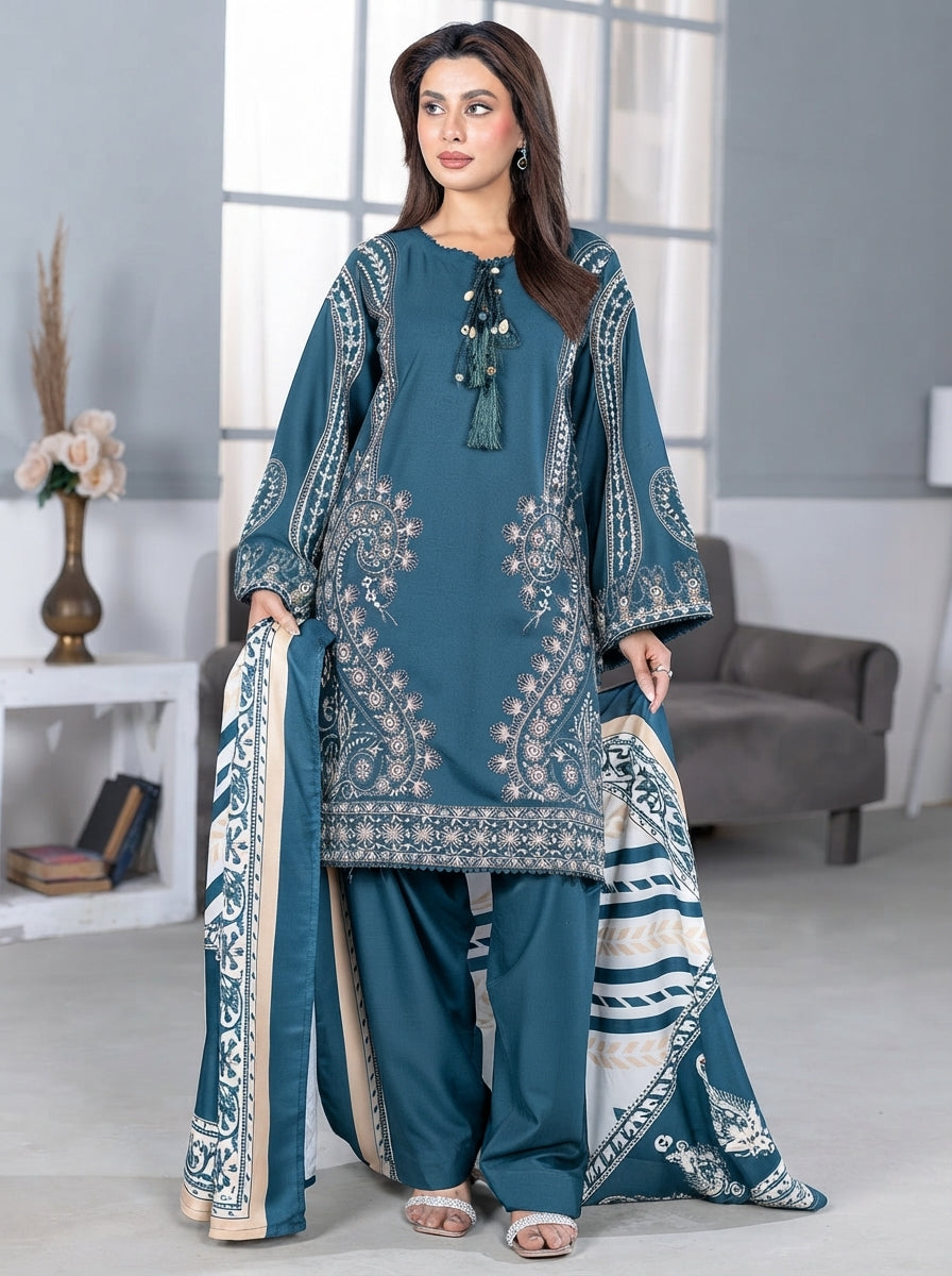 Dhanak Embroidered 3 Piece Stitched Suit - Teal