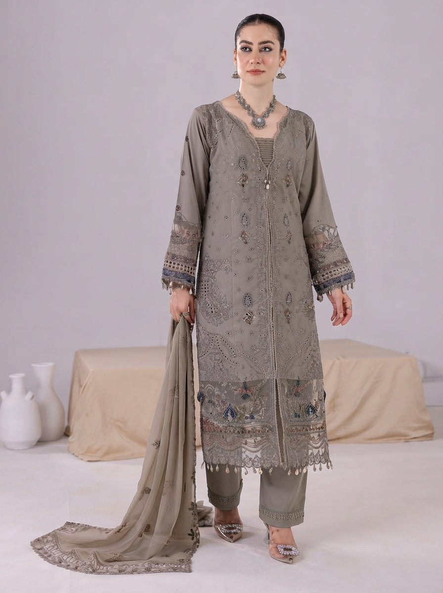 Dhanak Embroidered 3 Piece Stitched Suit - Taupe