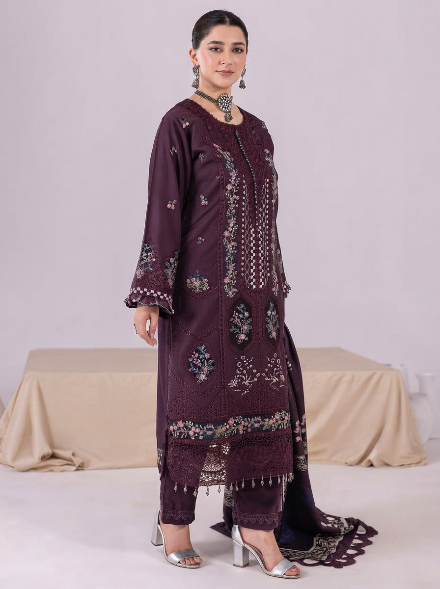 Dhanak Embroidered 3 Piece Stitched Suit - Aubergine