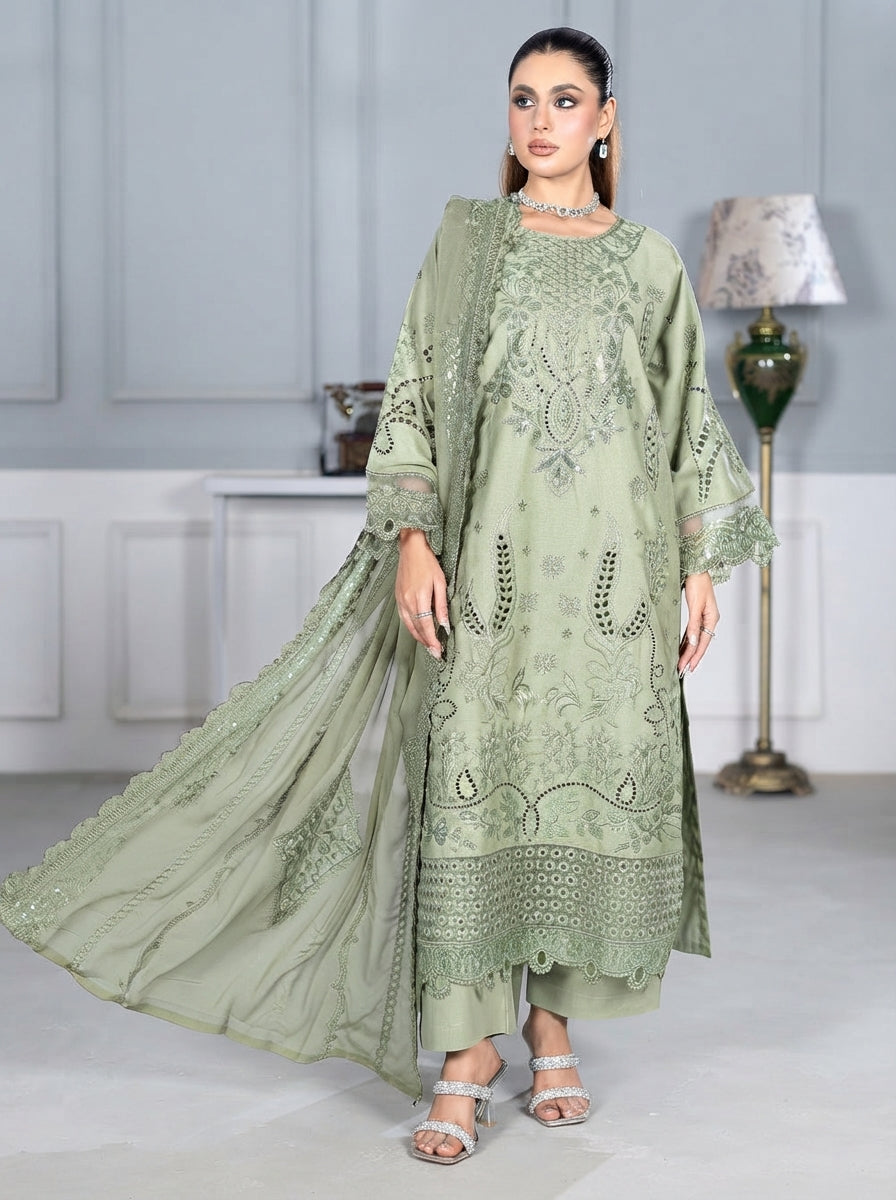 Dhanak Embroidered 3 Piece Stitched Suit - Pistachio Green
