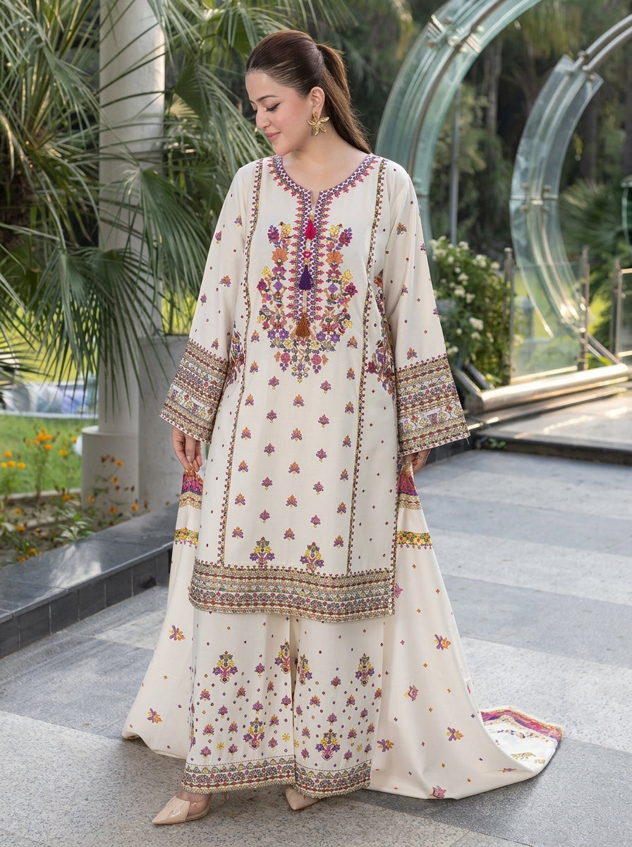 3 Piece Dhanak Suit (Stitched)