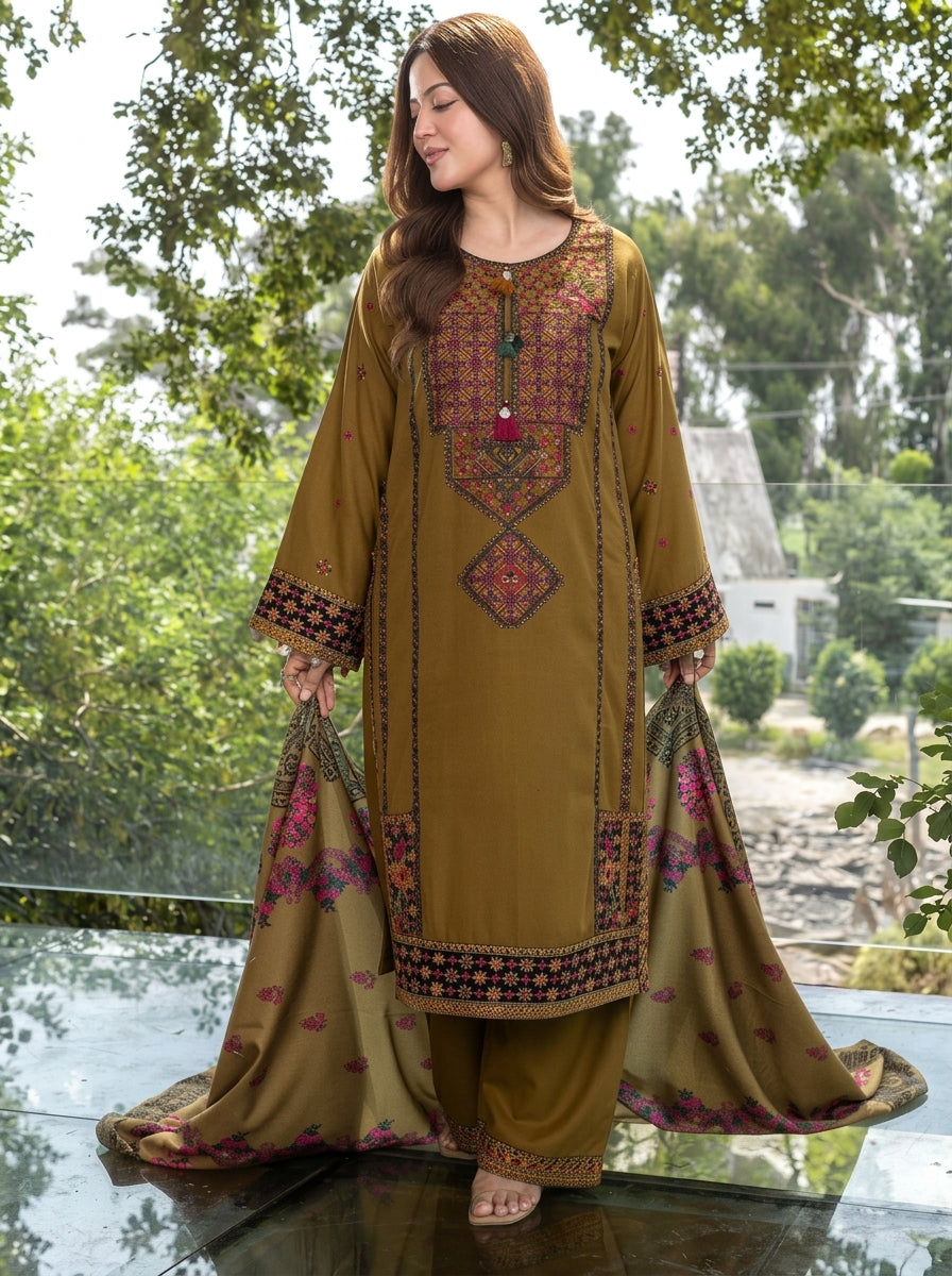3 Piece Dhanak Suit (Stitched)