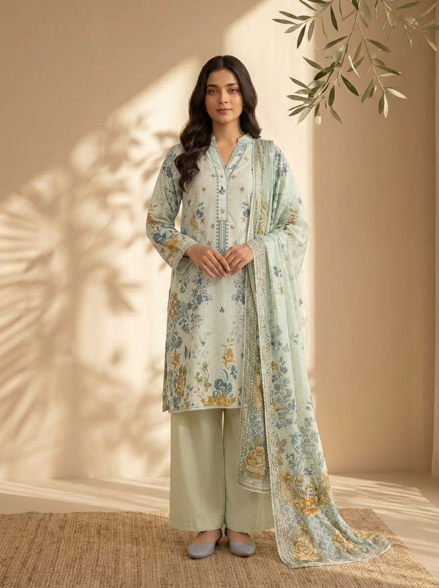 3 Piece Dobby Viscose Printed Suit (Unstitched)