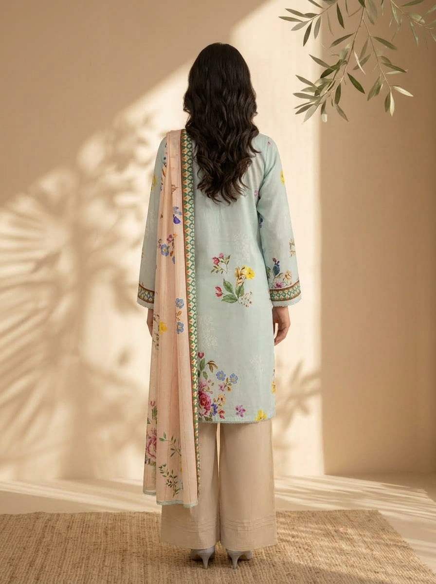 3 Piece Dobby Viscose Printed Suit (Unstitched)