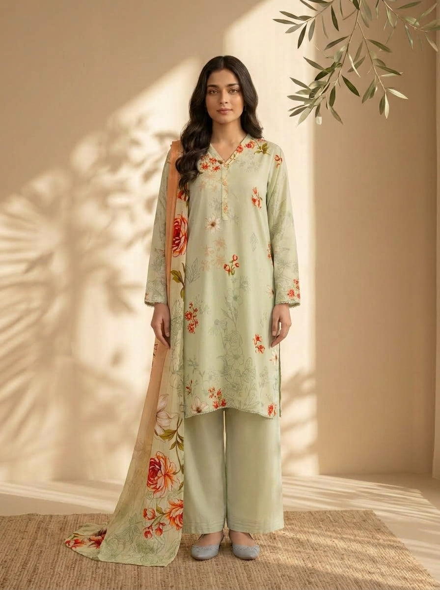 3 Piece Dobby Viscose Printed Suit (Unstitched)