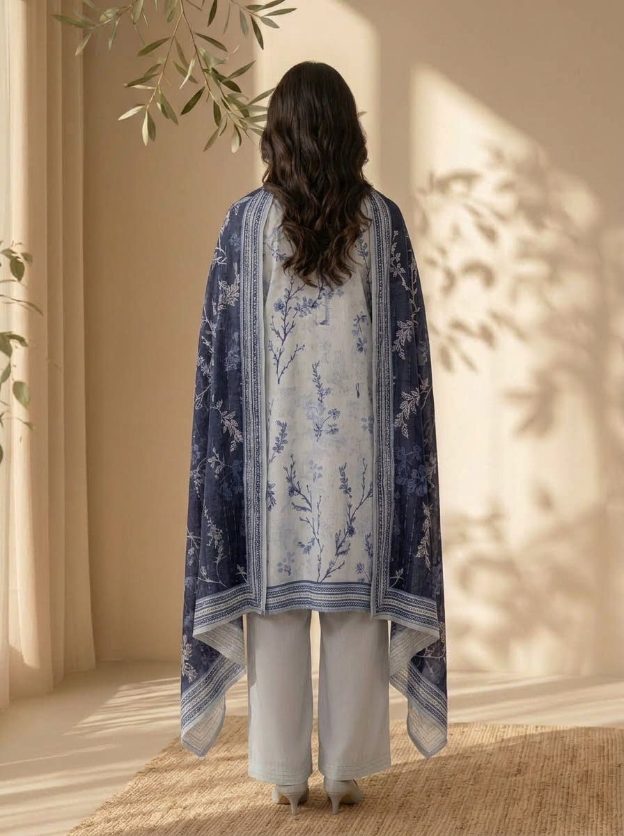 3 Piece Dobby Viscose Printed Suit (Unstitched)