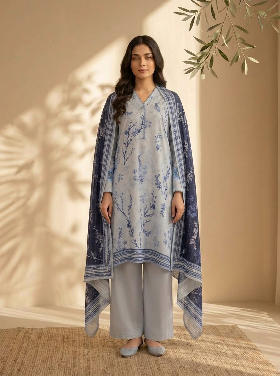 3 Piece Dobby Viscose Printed Suit (Unstitched)