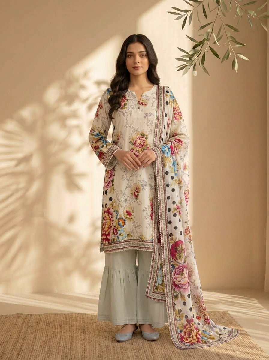 3 Piece Dobby Viscose Printed Suit (Unstitched)