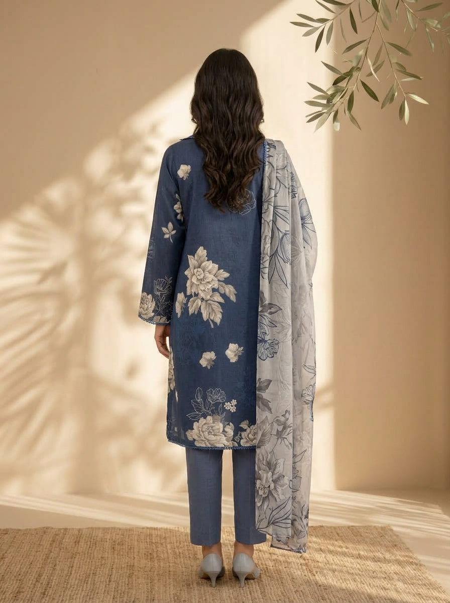 3 Piece Dobby Viscose Printed Suit (Unstitched)