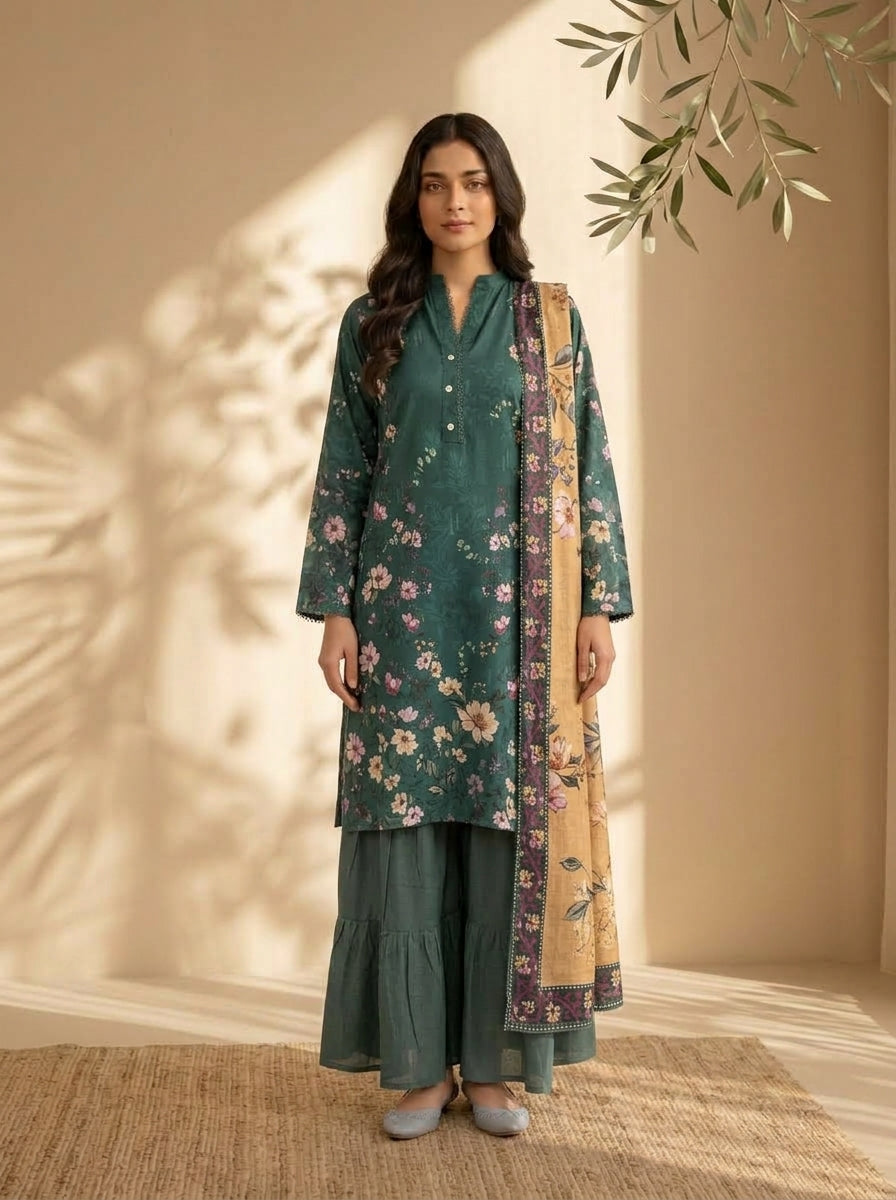 3 Piece Dobby Viscose Printed Suit (Unstitched)
