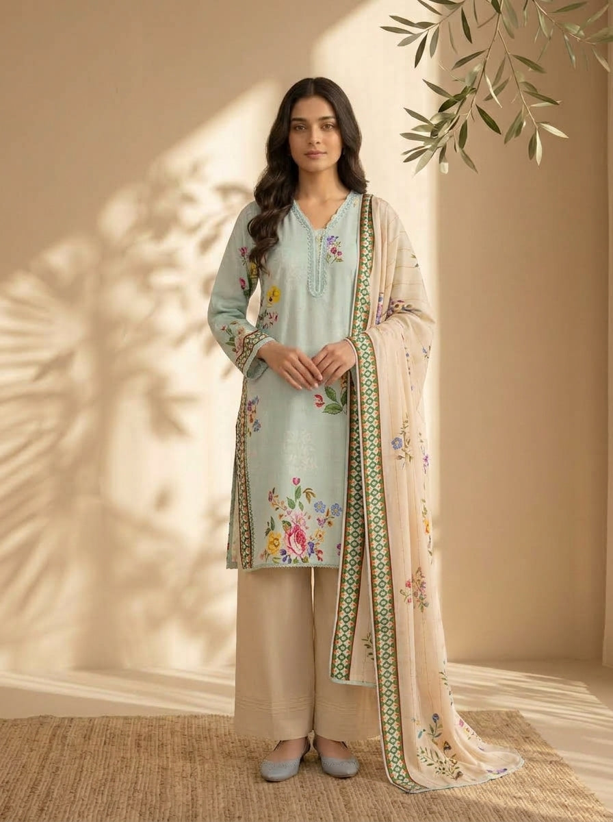 3 Piece Dobby Viscose Printed Suit (Unstitched)