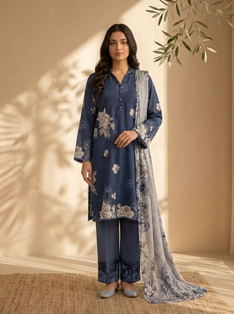 3 Piece Dobby Viscose Printed Suit (Unstitched)