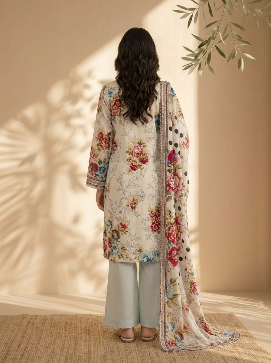 3 Piece Dobby Viscose Printed Suit (Unstitched)