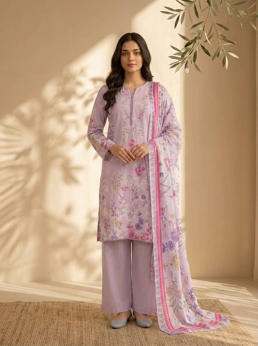 3 Piece Dobby Viscose Printed Suit (Unstitched)