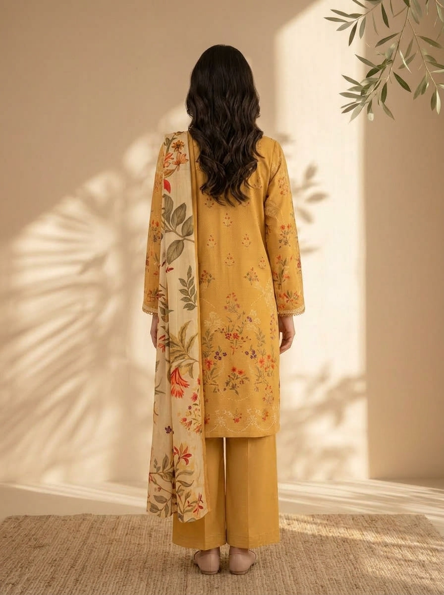 3 Piece Dobby Viscose Printed Suit (Unstitched)