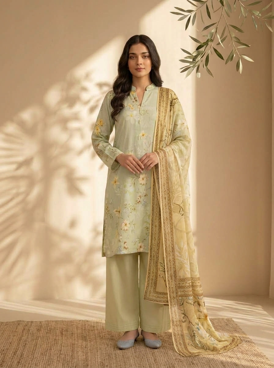 3 Piece Dobby Viscose Printed Suit (Unstitched)