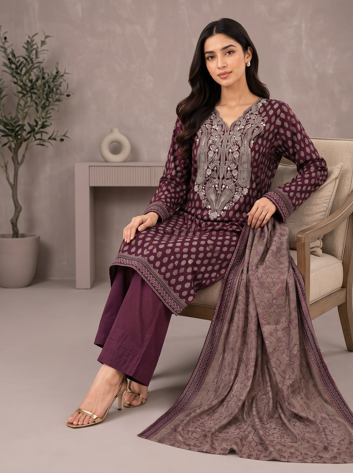 3 Piece Embroidered Khaddar Suit (Unstitched)