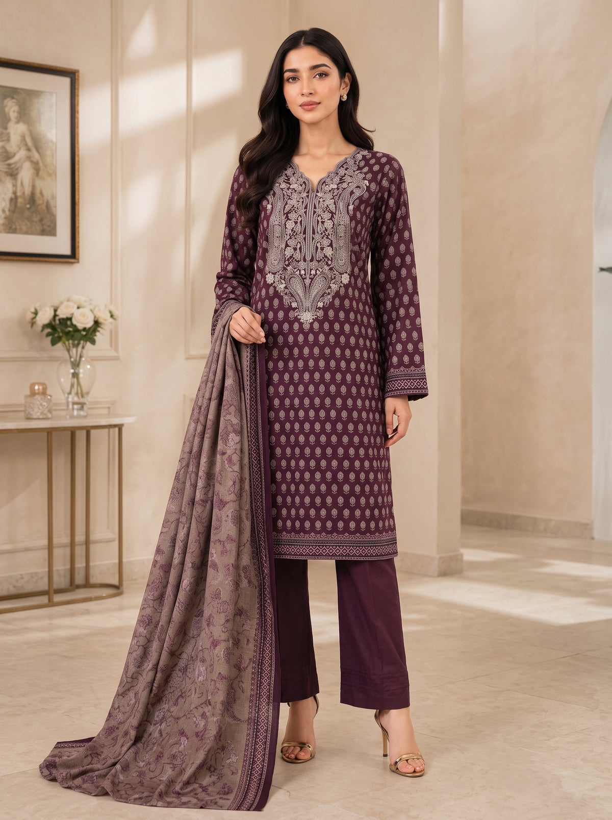 3 Piece Embroidered Khaddar Suit (Unstitched)