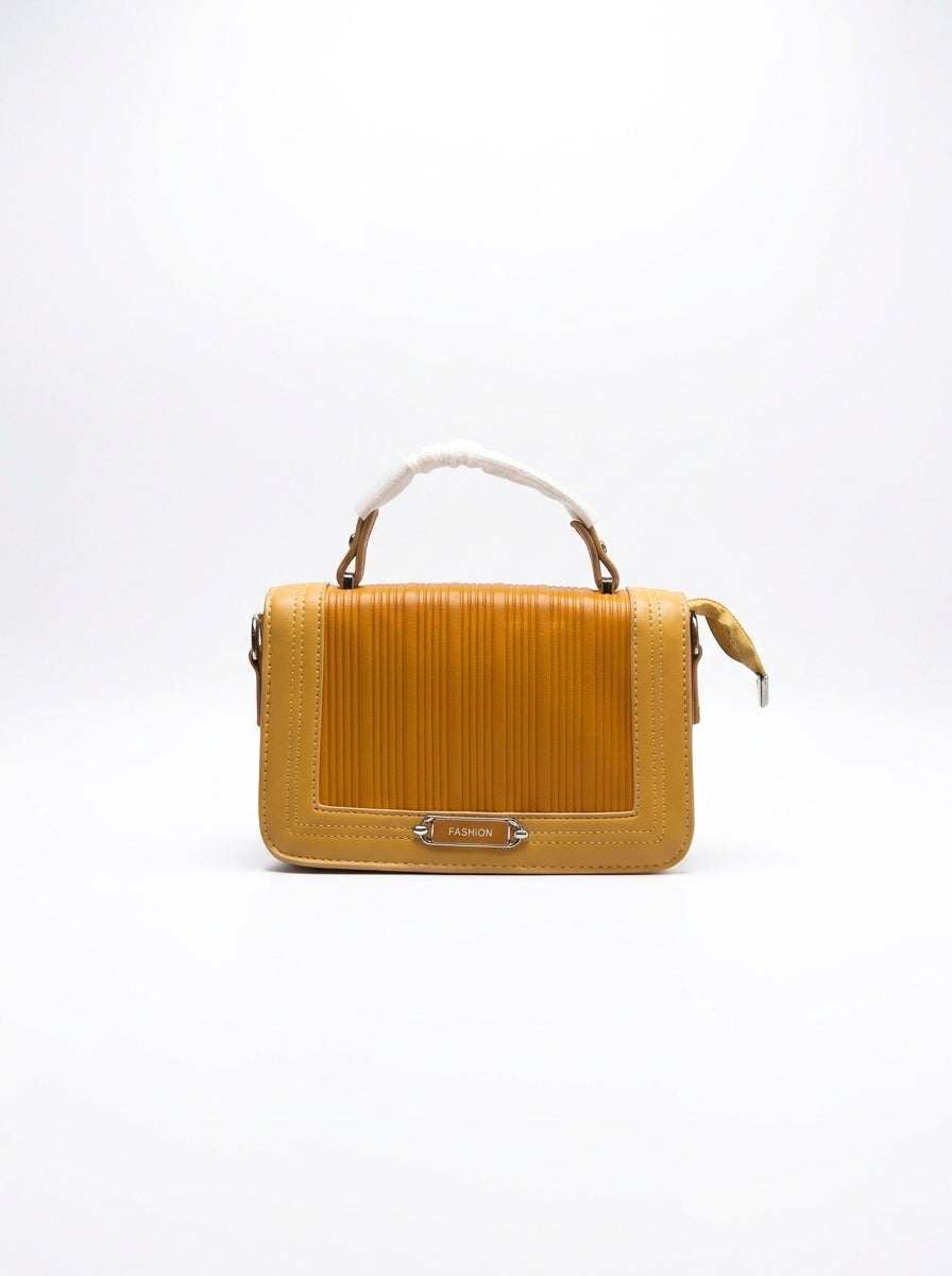 Mustard Ribbed Satchel with Nameplate Detail