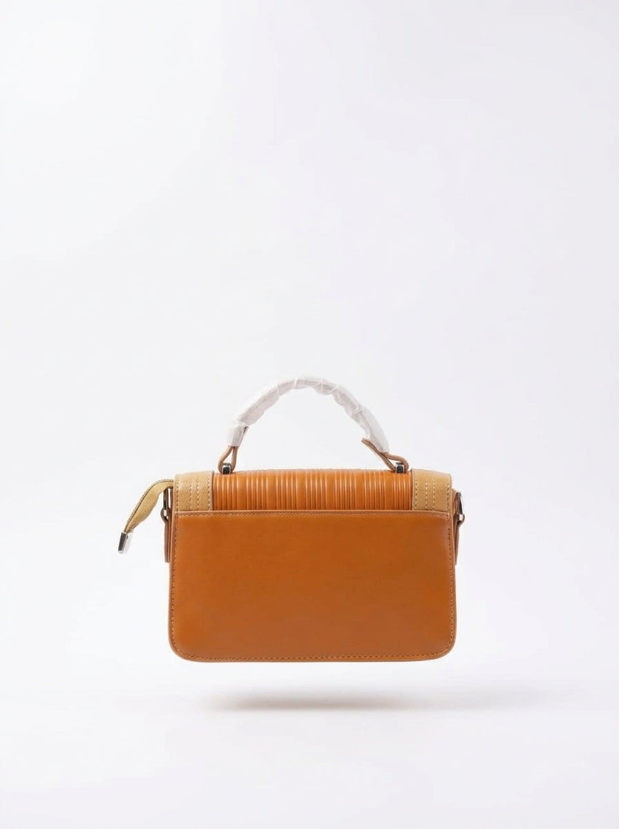 Mustard Ribbed Satchel with Nameplate Detail