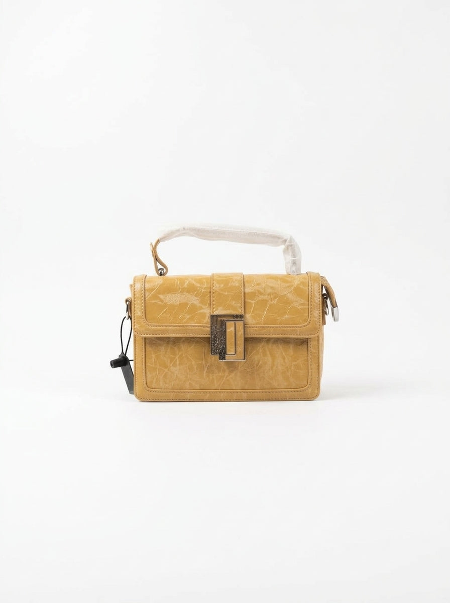 Tan Crinkled-Patent Box Bag